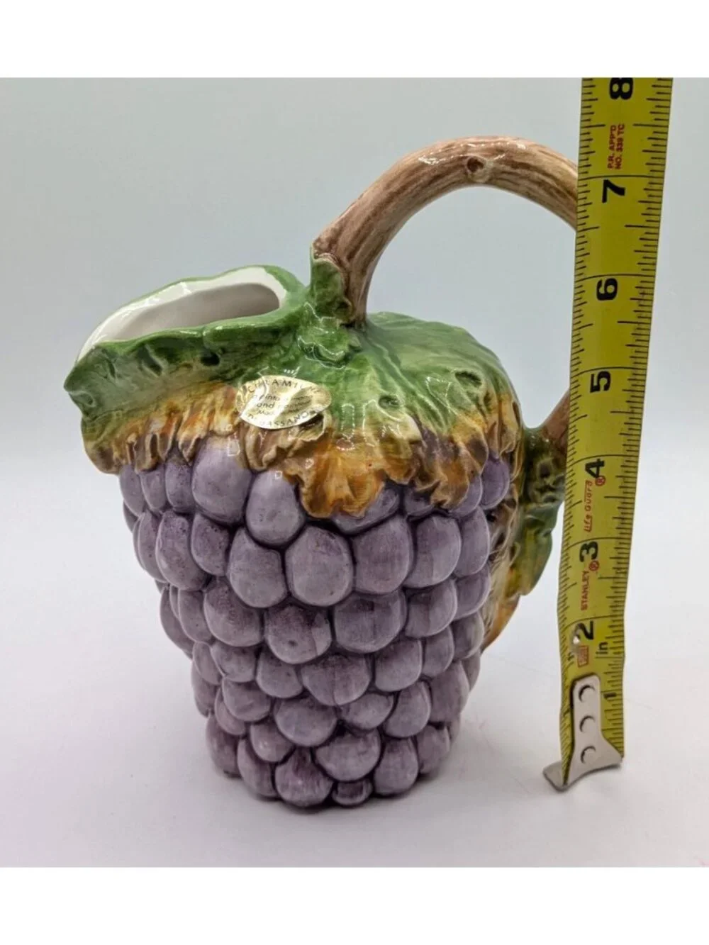 Vintage Di Bassano Grape Pitcher Jug Purple Green Hand Painted Ceramic Italy